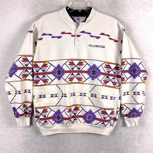 VTG Art Unlimited Sweater Men L White Aztec Yellowstone Henley Southwestern 90s